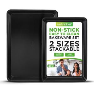 imageNutriChef 2Piece Black NonStick Cookie Sheet Baking Tray Set  Versatile ampamp Durable Carbon Steel Bakeware Sets Stackable ampamp EasyClean NC2TRBLBlack