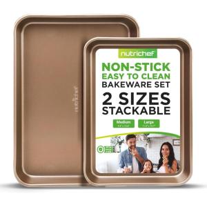 imageNutriChef 2Piece Black NonStick Cookie Sheet Baking Tray Set  Versatile ampamp Durable Carbon Steel Bakeware Sets Stackable ampamp EasyClean NC2TRBLChampagne Gold
