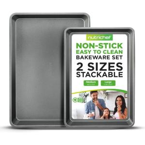 imageNutriChef 2Piece Black NonStick Cookie Sheet Baking Tray Set  Versatile ampamp Durable Carbon Steel Bakeware Sets Stackable ampamp EasyClean NC2TRBLGray