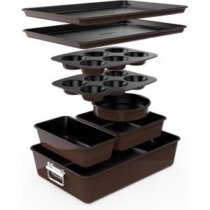 imageNutriChef 8Piece Stackable Nonstick Bakeware Set  Premium Steel Baking Tray Set  Includes Round Cake Pan 6Cup Muffin Pans WideSquare Brownie ampamp Loaf Pans Cookie Sheet ampamp Roaster Pan BlackBrown