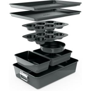 imageNutriChef 8Piece Stackable Nonstick Bakeware Set  Premium Steel Baking Tray Set  Includes Round Cake Pan 6Cup Muffin Pans WideSquare Brownie ampamp Loaf Pans Cookie Sheet ampamp Roaster Pan BlackGray