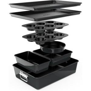 imageNutriChef 8Piece Stackable Nonstick Bakeware Set  Premium Steel Baking Tray Set  Includes Round Cake Pan 6Cup Muffin Pans WideSquare Brownie ampamp Loaf Pans Cookie Sheet ampamp Roaster Pan BlackBlack