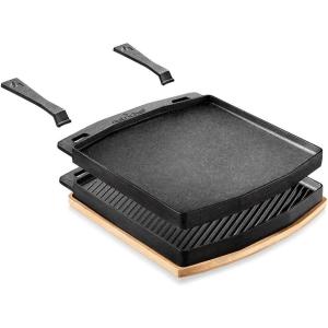 imageNutriChef Cast Iron Reversible Grill Plate with Removable Handles  Square Griddle Skillet for Stove Top Flat ampamp Grill Side Oven Safe Includes Wood Base