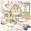 imageNutriChef 75Piece NonStick Pots and Pans Set Complete Ceramic Cookware Set with Bakeware Utensils Knife Set ampamp Accessories StainResistant FoodGrade Safe CreamBrownTaupe Brown