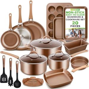 imageNutriChef 20Piece NonStick Bakeware and Cookware Set  Utensils Including Pots and Baking Pans Made with Durable Aluminum Tempered Glass Lids HeatResistant Utensils EasyClean Design WhiteMatte Gold