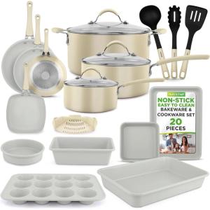 imageNutriChef 20Piece NonStick Bakeware and Cookware Set  Utensils Including Pots and Baking Pans Made with Durable Aluminum Tempered Glass Lids HeatResistant Utensils EasyClean Design WhiteWhite