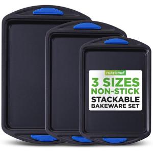 imageNutriChef 3 Piece Nonstick Cookie Sheets for Baking  Premium Carbon Steel Baking Pans with White Silicone Handles  Even Heat Distribution PFOAPFOSPTFE Free Easy to Clean  Cream Marble NCBKT3CMBlack Sheet W Blue Handle