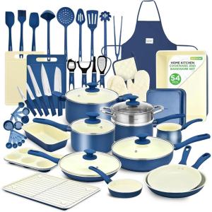 imageNutriChef 75Piece NonStick Pots and Pans Set Complete Ceramic Cookware Set with Bakeware Utensils Knife Set ampamp Accessories StainResistant FoodGrade Safe CreamBrownBlue Gray