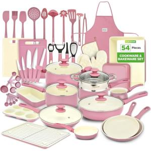 imageNutriChef 75Piece NonStick Pots and Pans Set Complete Ceramic Cookware Set with Bakeware Utensils Knife Set ampamp Accessories StainResistant FoodGrade Safe CreamBrownBlush Pink
