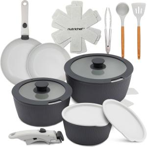 imageNutriChef 18Piece Ceramic Cookware Set with Detachable Handles Non Stick Pots and Pans PTFEFree Natural Ceramic Coating SpaceSaving Design Oven ampamp Stove Safe Includes Utensils