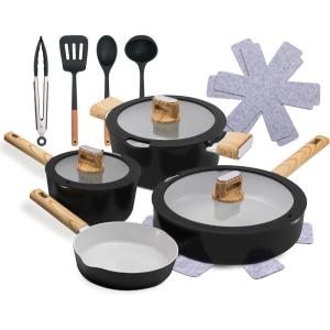 imageNutriChef 14Piece NonStick Ceramic Cookware Set  Induction Safe Pots and Pans with Glass Lids CoolTouch Handles Even Heat Distribution Dishwasher Safe Includes Ladle Tong Spatula BlackBlack