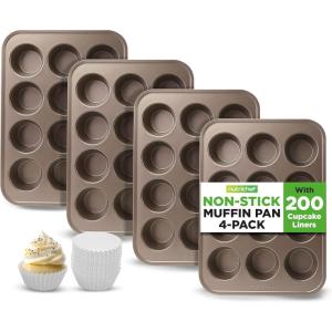 imageNutriChef Muffin Pans for Baking 4Pack  Nonstick 12 Mold Cupcake Tins  Carbon Steel Stackable Cup Cake Trays  Dishwasher ampamp Oven Safe  Includes 200 Parchment Paper Liners  13 x 10 x 1  GoldGold