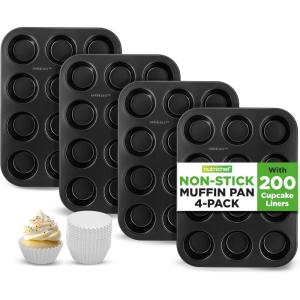 imageNutriChef Muffin Pans for Baking 4Pack  Nonstick 12 Mold Cupcake Tins  Carbon Steel Stackable Cup Cake Trays  Dishwasher ampamp Oven Safe  Includes 200 Parchment Paper Liners  13 x 10 x 1  GoldBlack