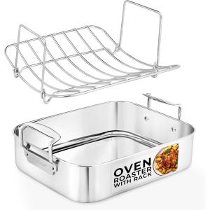 imageNutriChef Stainless Steel Roasting Pan with Rack 148quot x 116quot Large Roaster Pan for Oven with Polished Interior Durable Cast Handles Dishwasher ampamp Oven Safe Up to 24 lbs PFOAFree Silver