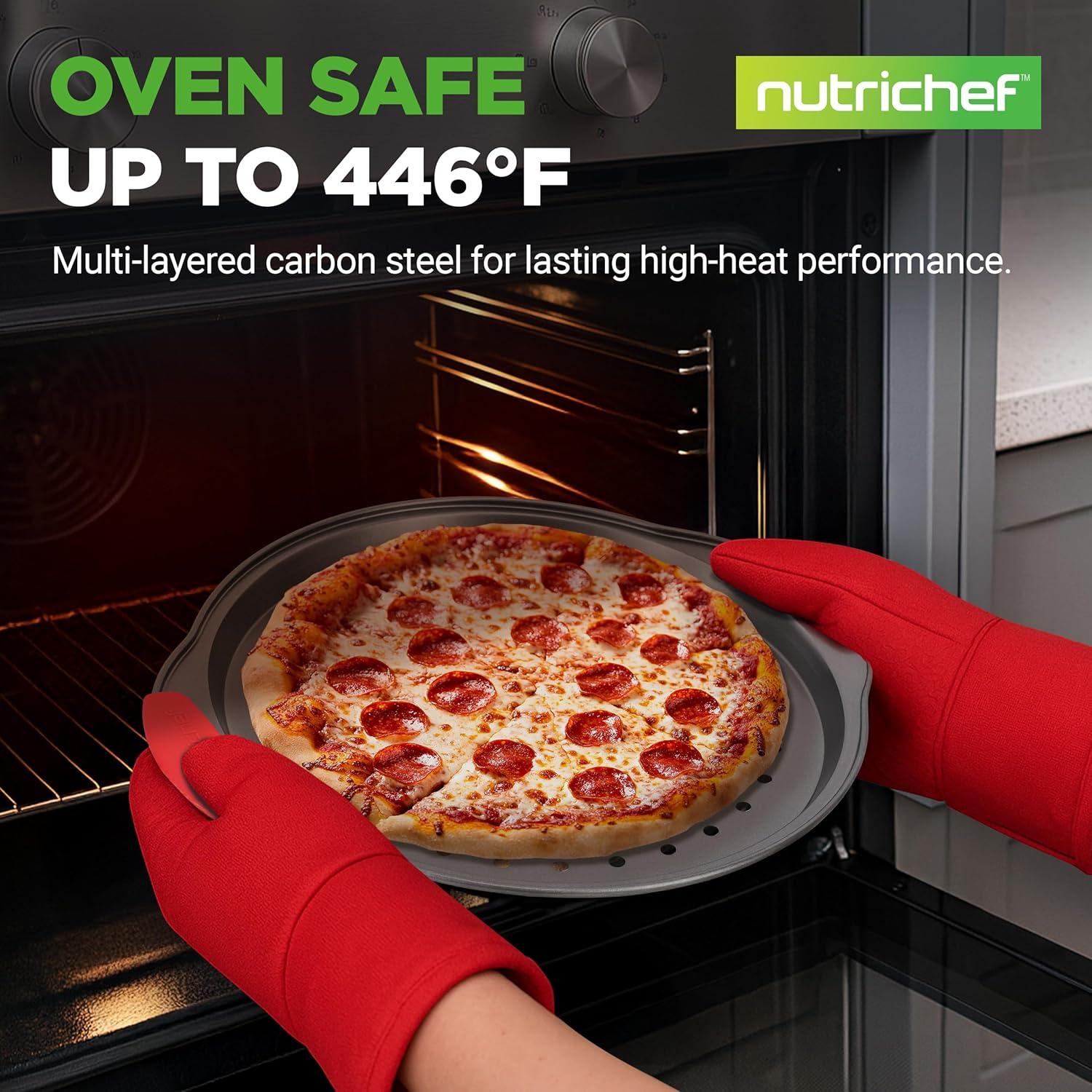 imageNutriChef 3Piece Pizza Tray Set with Silicone Handles  Round Nonstick Pizza Pan with Perforated Holes Durable Carbon Steel Small Medium Large Sizes  Ideal for Crispy Evenly Baked Pizzas Gray3 Pack