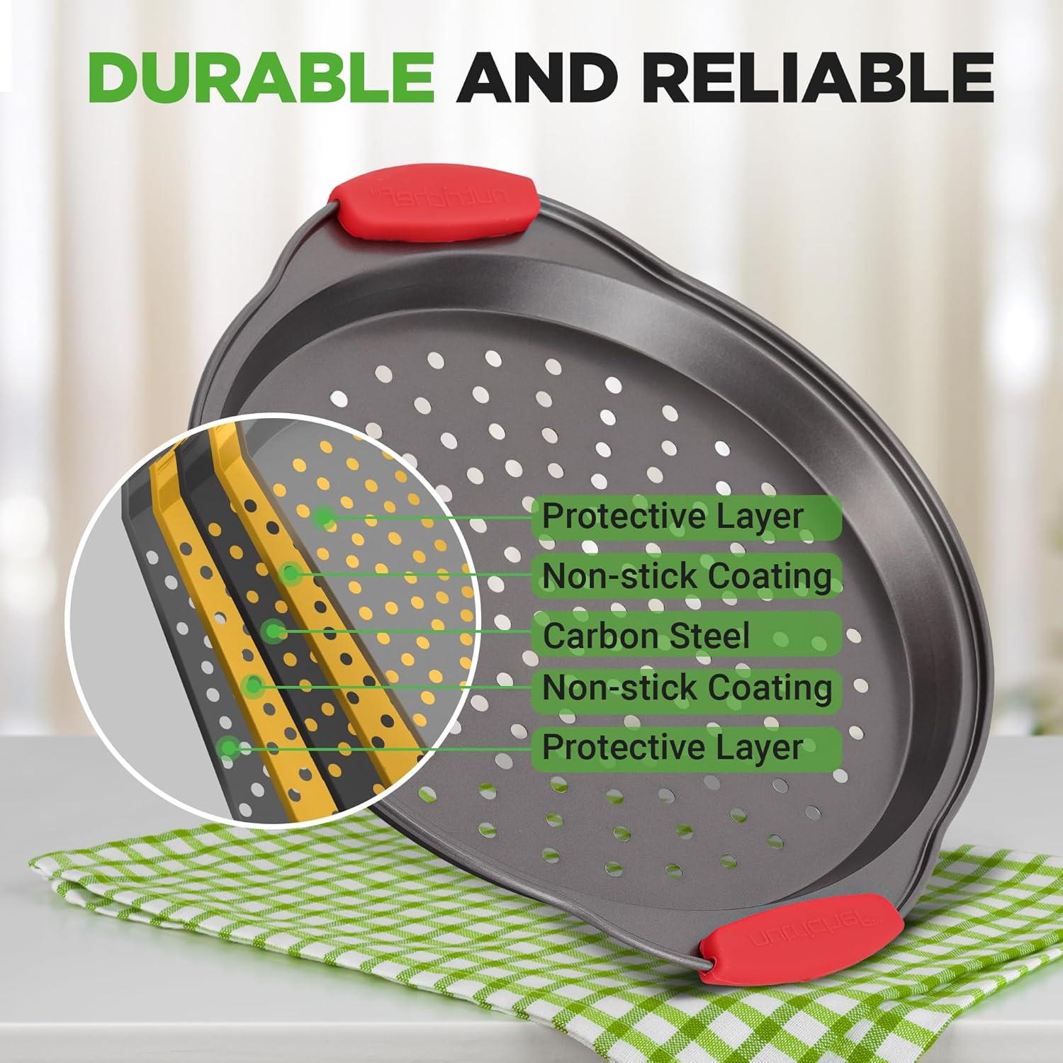 imageNutriChef 3Piece Pizza Tray Set with Silicone Handles  Round Nonstick Pizza Pan with Perforated Holes Durable Carbon Steel Small Medium Large Sizes  Ideal for Crispy Evenly Baked Pizzas Gray3 Pack