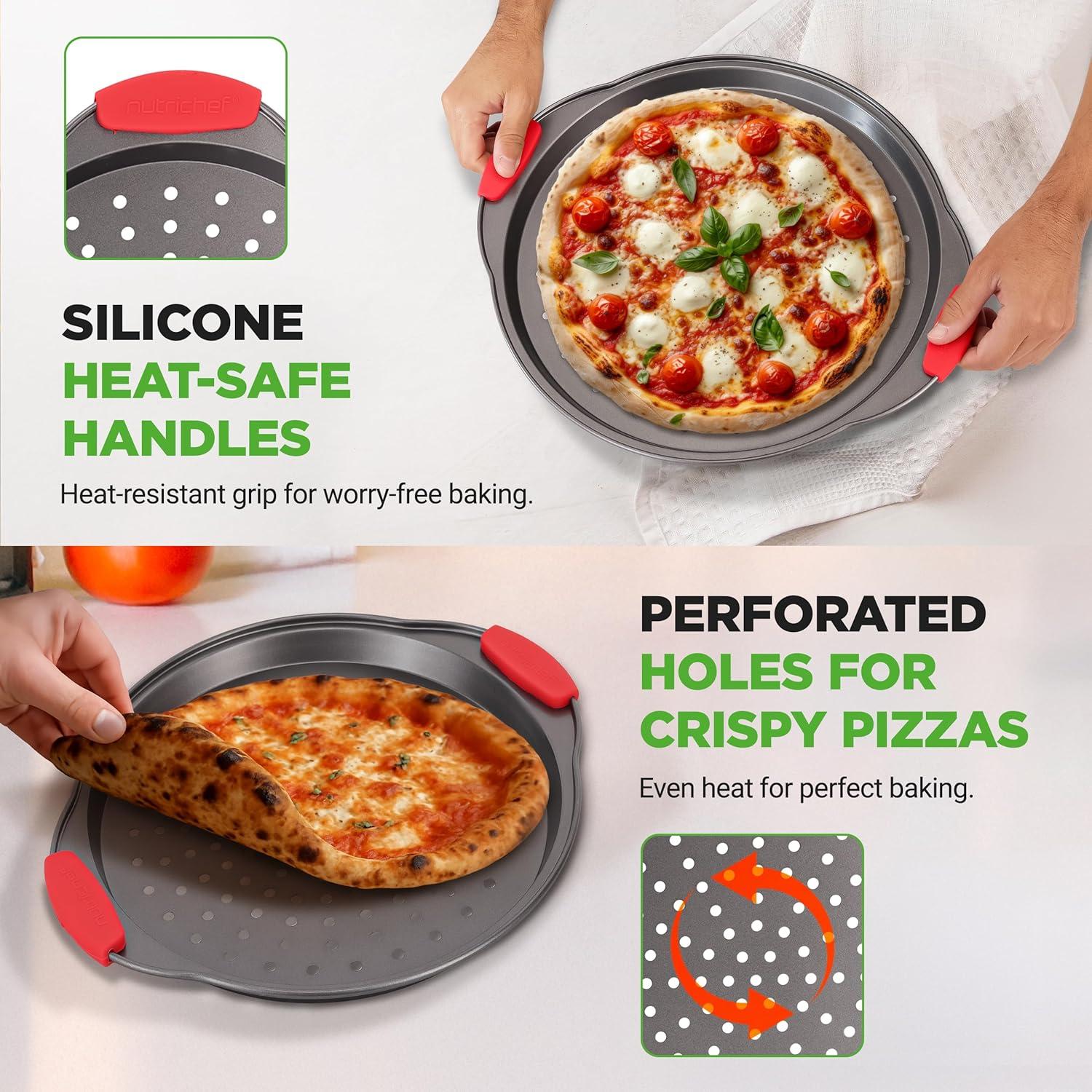 imageNutriChef 3Piece Pizza Tray Set with Silicone Handles  Round Nonstick Pizza Pan with Perforated Holes Durable Carbon Steel Small Medium Large Sizes  Ideal for Crispy Evenly Baked Pizzas Gray3 Pack
