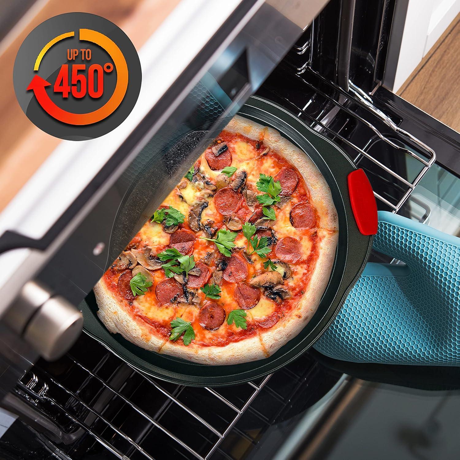 imageNutriChef 3Piece Pizza Tray Set with Silicone Handles  Round Nonstick Pizza Pan with Perforated Holes Durable Carbon Steel Small Medium Large Sizes  Ideal for Crispy Evenly Baked Pizzas Gray20 Pack
