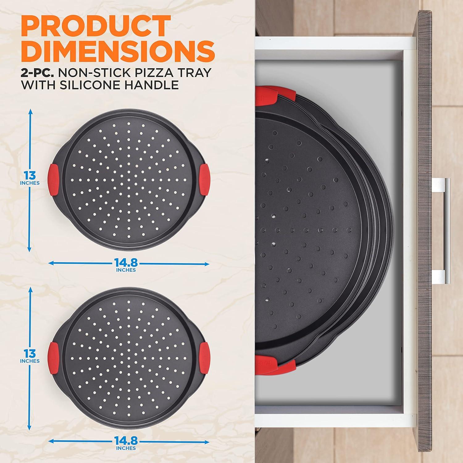 imageNutriChef 3Piece Pizza Tray Set with Silicone Handles  Round Nonstick Pizza Pan with Perforated Holes Durable Carbon Steel Small Medium Large Sizes  Ideal for Crispy Evenly Baked Pizzas Gray20 Pack