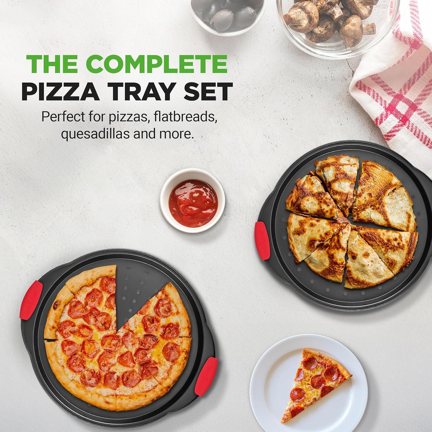 imageNutriChef 3Piece Pizza Tray Set with Silicone Handles  Round Nonstick Pizza Pan with Perforated Holes Durable Carbon Steel Small Medium Large Sizes  Ideal for Crispy Evenly Baked Pizzas Gray2 Pack