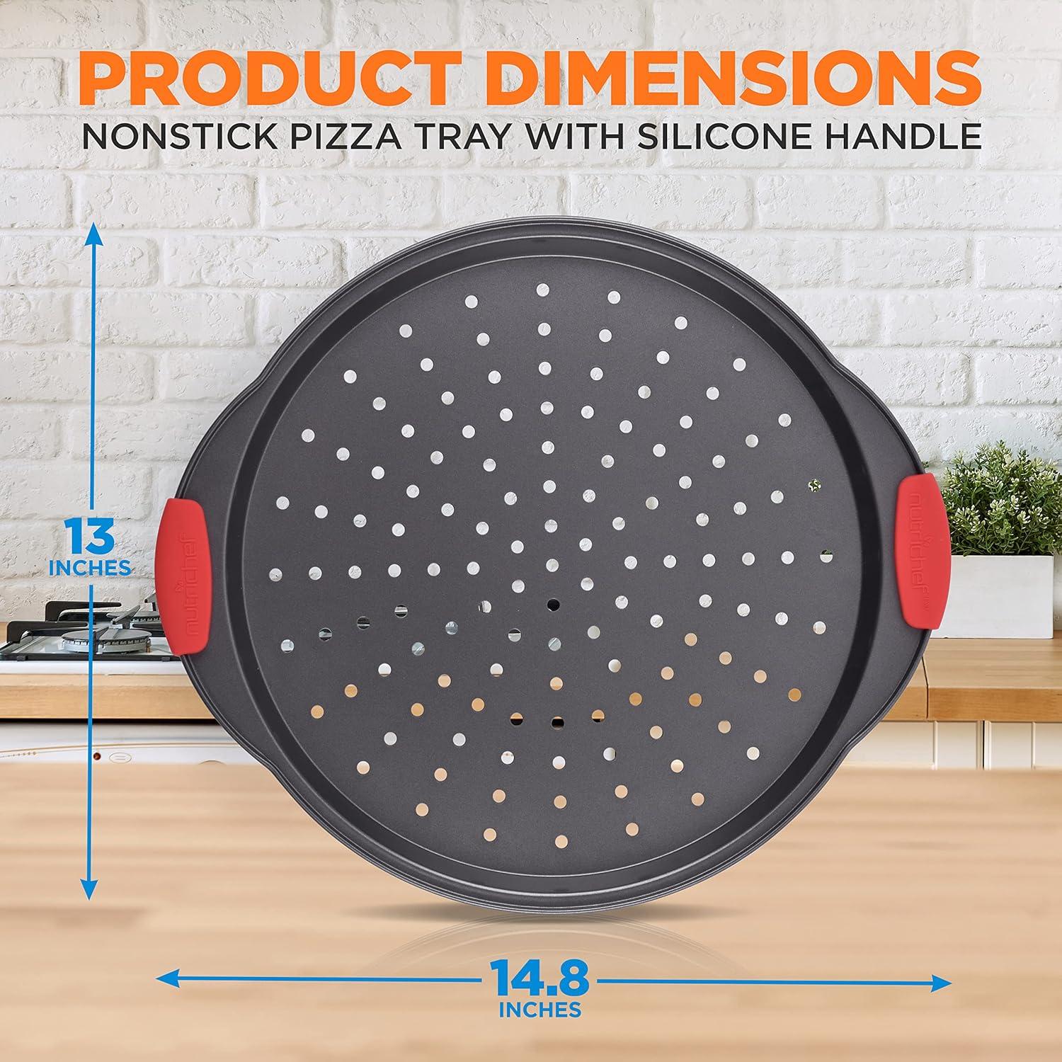 imageNutriChef 3Piece Pizza Tray Set with Silicone Handles  Round Nonstick Pizza Pan with Perforated Holes Durable Carbon Steel Small Medium Large Sizes  Ideal for Crispy Evenly Baked Pizzas Gray12 Pack