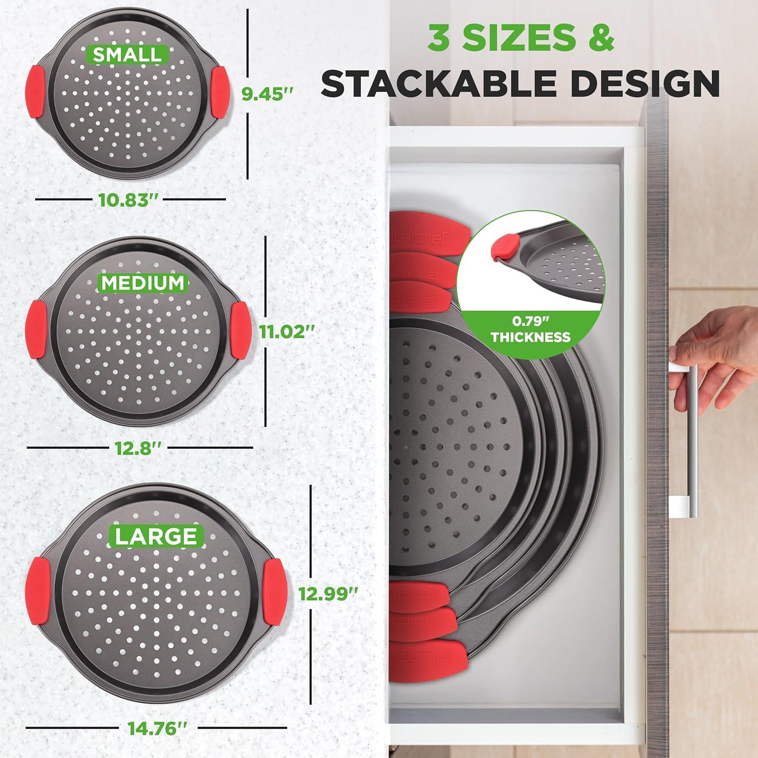 imageNutriChef 3Piece Pizza Tray Set with Silicone Handles  Round Nonstick Pizza Pan with Perforated Holes Durable Carbon Steel Small Medium Large Sizes  Ideal for Crispy Evenly Baked Pizzas Gray3 Pack