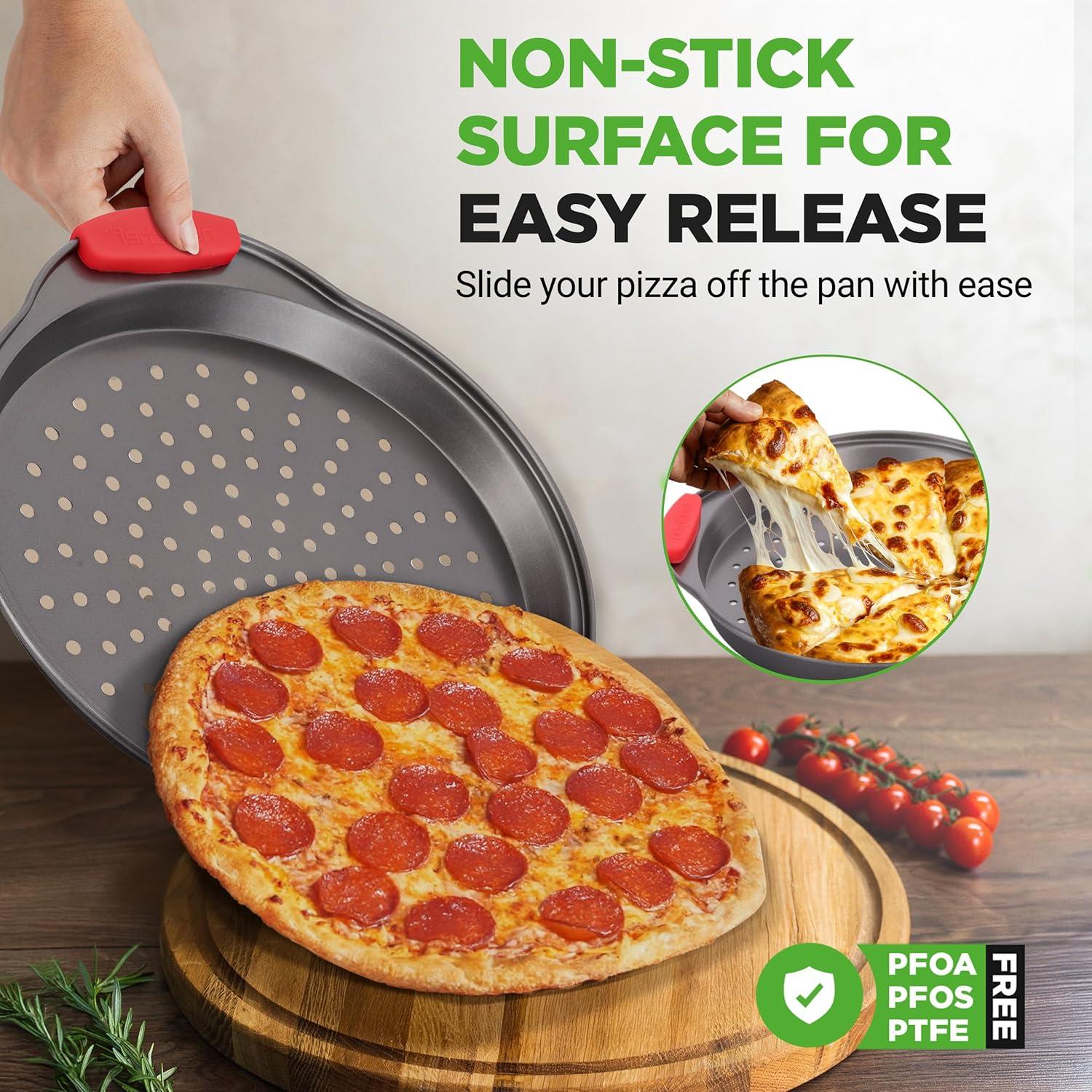 imageNutriChef 3Piece Pizza Tray Set with Silicone Handles  Round Nonstick Pizza Pan with Perforated Holes Durable Carbon Steel Small Medium Large Sizes  Ideal for Crispy Evenly Baked Pizzas Gray3 Pack