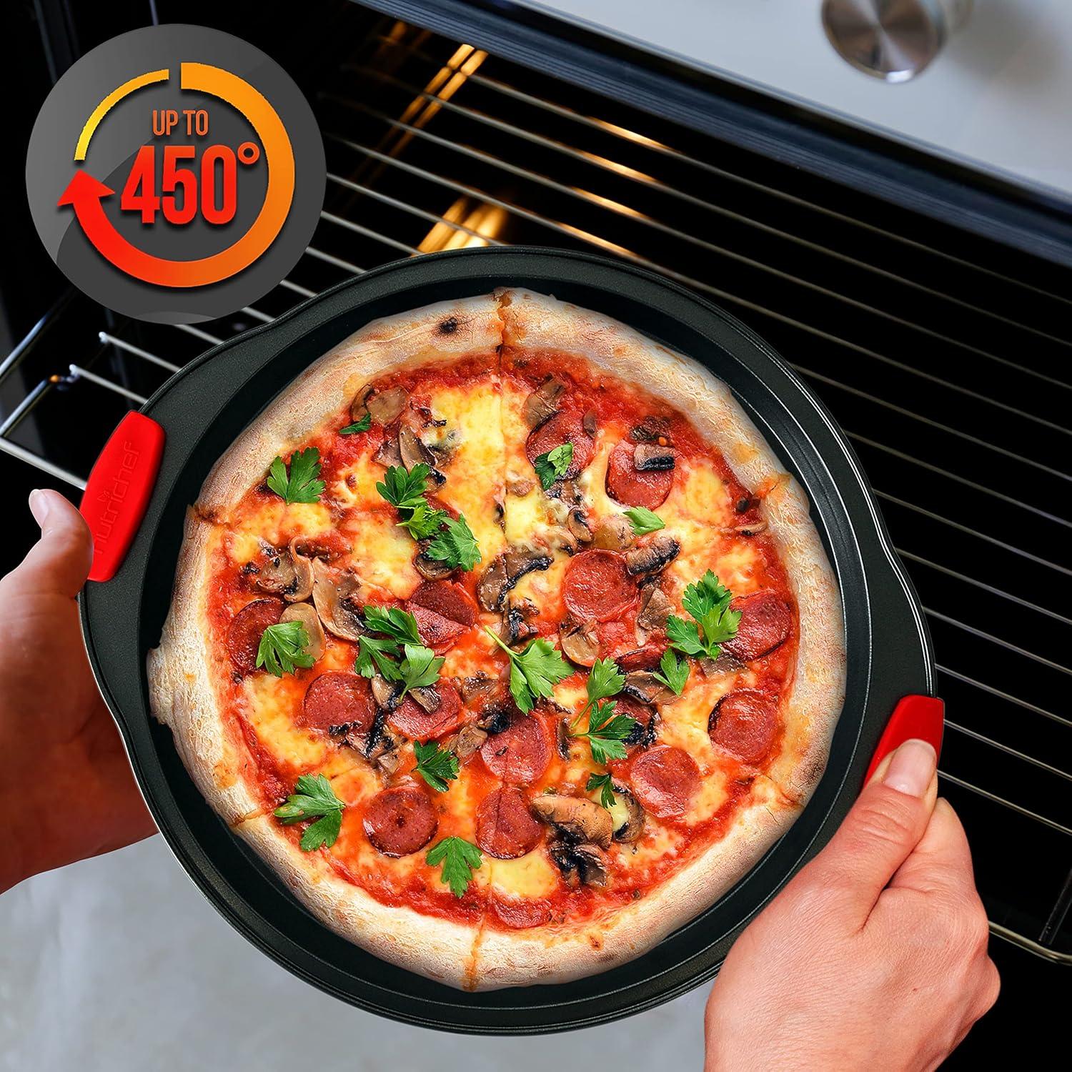 imageNutriChef 3Piece Pizza Tray Set with Silicone Handles  Round Nonstick Pizza Pan with Perforated Holes Durable Carbon Steel Small Medium Large Sizes  Ideal for Crispy Evenly Baked Pizzas Gray10 Pack