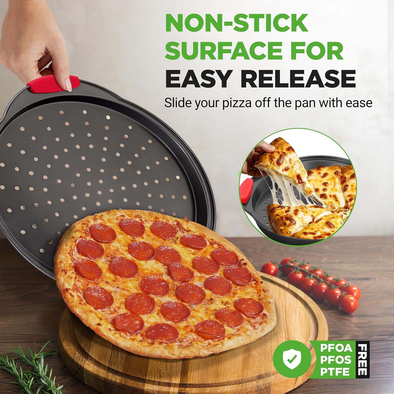 imageNutriChef 3Piece Pizza Tray Set with Silicone Handles  Round Nonstick Pizza Pan with Perforated Holes Durable Carbon Steel Small Medium Large Sizes  Ideal for Crispy Evenly Baked Pizzas Gray2 Pack