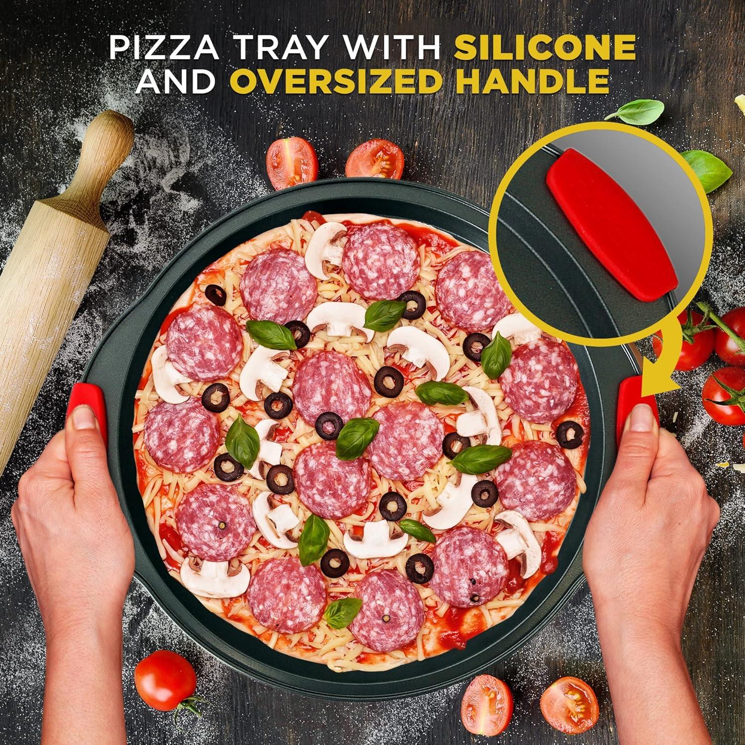 imageNutriChef 3Piece Pizza Tray Set with Silicone Handles  Round Nonstick Pizza Pan with Perforated Holes Durable Carbon Steel Small Medium Large Sizes  Ideal for Crispy Evenly Baked Pizzas Gray10 Pack