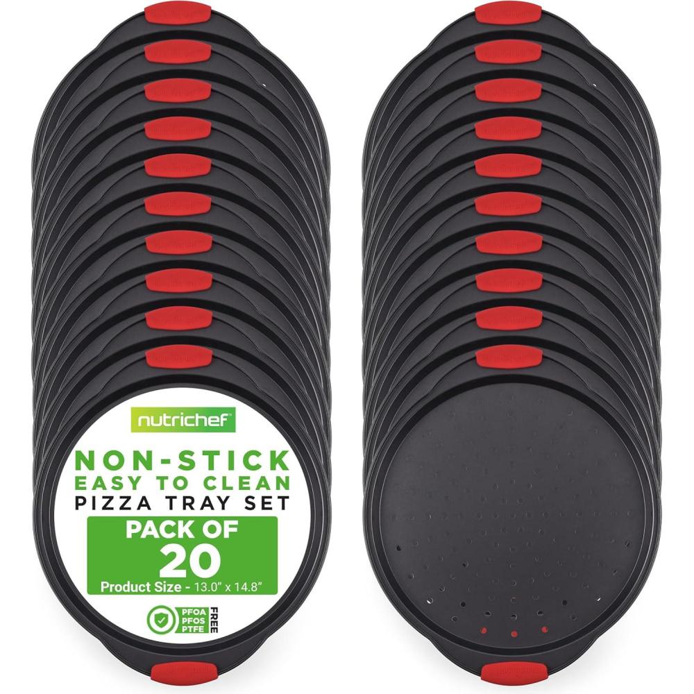 imageNutriChef 3Piece Pizza Tray Set with Silicone Handles  Round Nonstick Pizza Pan with Perforated Holes Durable Carbon Steel Small Medium Large Sizes  Ideal for Crispy Evenly Baked Pizzas Gray20 Pack