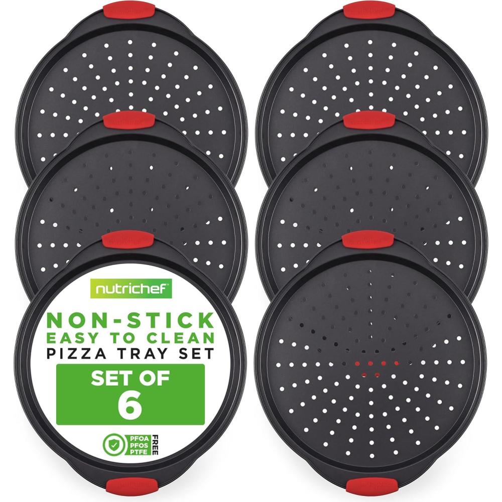 imageNutriChef 3Piece Pizza Tray Set with Silicone Handles  Round Nonstick Pizza Pan with Perforated Holes Durable Carbon Steel Small Medium Large Sizes  Ideal for Crispy Evenly Baked Pizzas Gray6 Pack