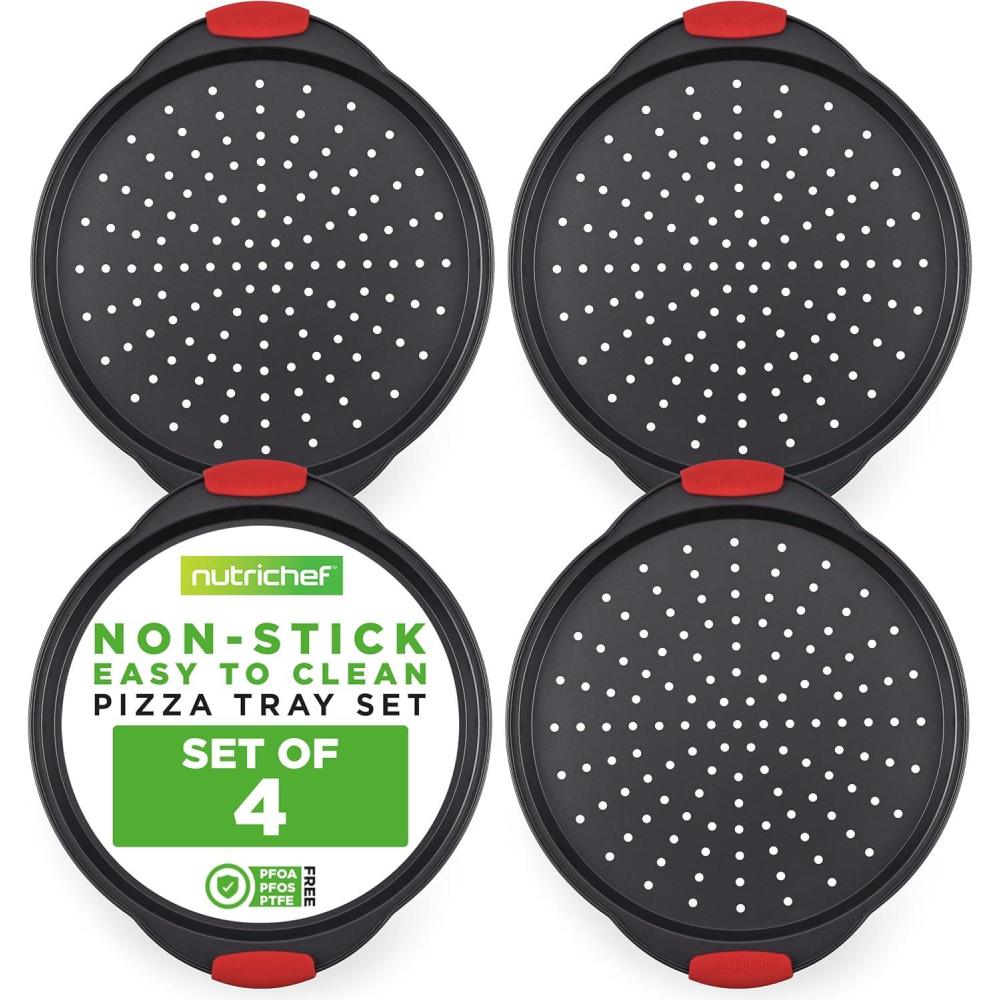 imageNutriChef 3Piece Pizza Tray Set with Silicone Handles  Round Nonstick Pizza Pan with Perforated Holes Durable Carbon Steel Small Medium Large Sizes  Ideal for Crispy Evenly Baked Pizzas Gray4 Pack