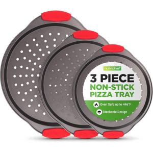 imageNutriChef 3Piece Pizza Tray Set with Silicone Handles  Round Nonstick Pizza Pan with Perforated Holes Durable Carbon Steel Small Medium Large Sizes  Ideal for Crispy Evenly Baked Pizzas Gray3 Pack