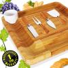imageBamboo Cheese Cutting Board Set  Flat Wood Serving Platter for Picnic Food or Wine Rectangle Fruit and Meat Plate Kit wBowl Closing Drawer Tray 4 Stainless Steel Knives  NutriChef PKCZBD10