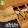imageBamboo Cheese Cutting Board Set  Flat Wood Serving Platter for Picnic Food or Wine Rectangle Fruit and Meat Plate Kit wBowl Closing Drawer Tray 4 Stainless Steel Knives  NutriChef PKCZBD10