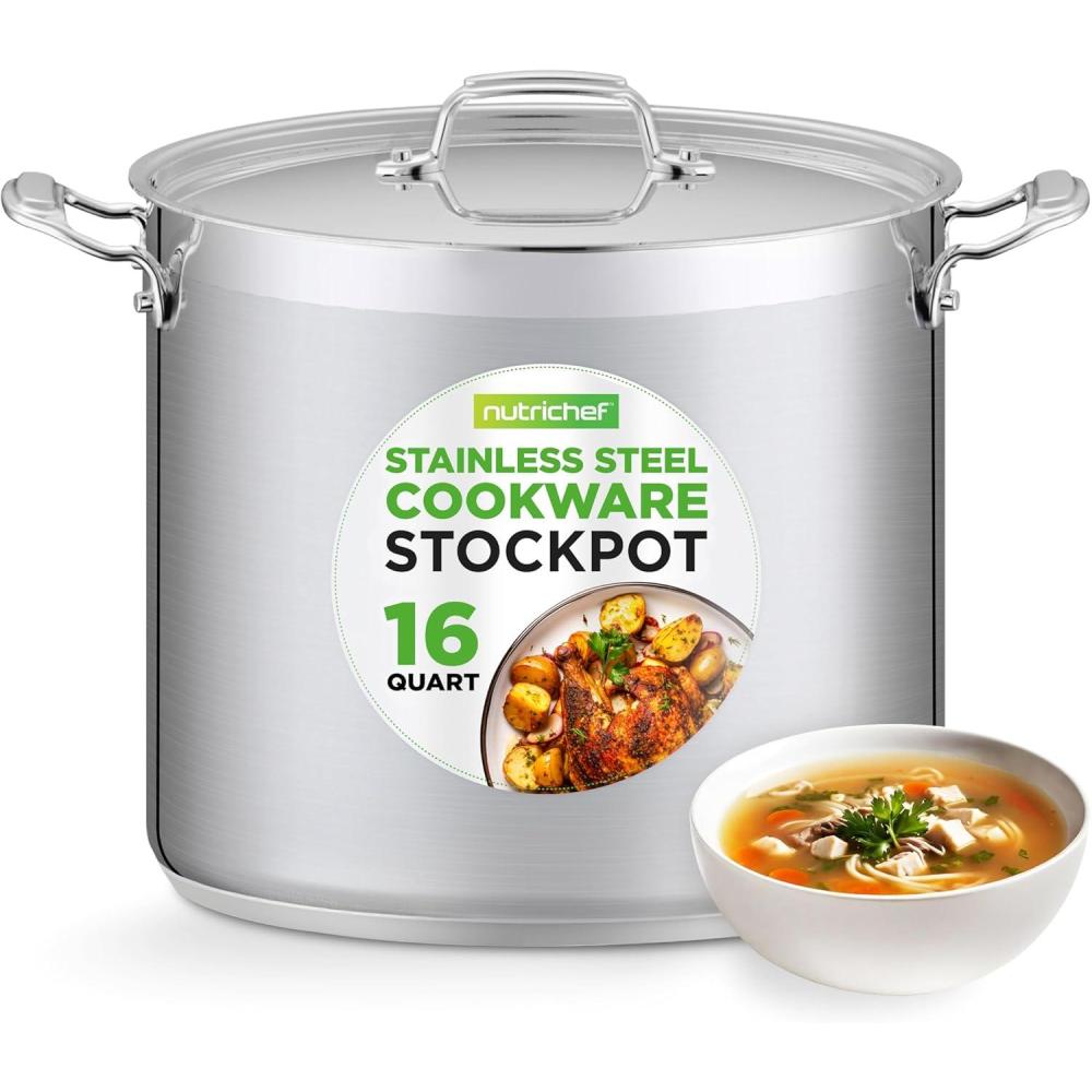 imageNutriChef Stainless Steel Cookware Stockpot  14 Quart Heavy Duty Induction Pot Soup Pot with Stainless Steel Lid Gas Induction Ceramic Glass and Halogen Cooktops Compatible  NCSPT14Q16 Quarts
