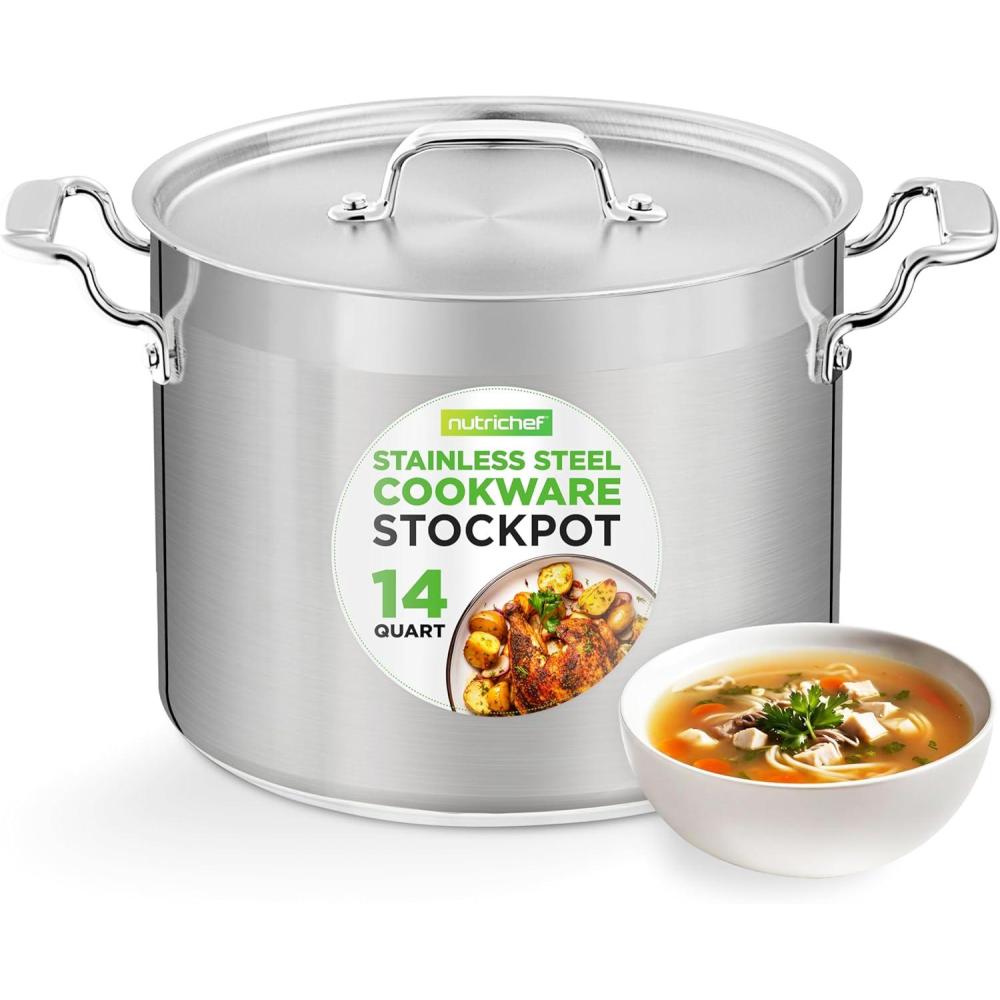 imageNutriChef Stainless Steel Cookware Stockpot  14 Quart Heavy Duty Induction Pot Soup Pot with Stainless Steel Lid Gas Induction Ceramic Glass and Halogen Cooktops Compatible  NCSPT14Q14 Quarts