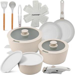 imageNutriChef 18Piece Ceramic Cookware Set with Detachable Handles SpaceSaving Nonstick Pots Pans ampamp Lids OvenSafe Bowls Stackable Storage Includes Cooking Utensils ampamp Accessories CreamCream