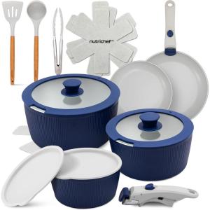 imageNutriChef 18Piece Ceramic Cookware Set with Detachable Handles SpaceSaving Nonstick Pots Pans ampamp Lids OvenSafe Bowls Stackable Storage Includes Cooking Utensils ampamp Accessories CreamBlue