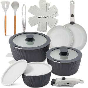 imageNutriChef 18Piece Ceramic Cookware Set with Detachable Handles SpaceSaving Nonstick Pots Pans ampamp Lids OvenSafe Bowls Stackable Storage Includes Cooking Utensils ampamp Accessories CreamGray