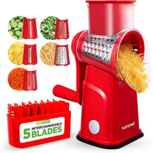 imageNutriChef 5 in 1 Cheese Grater ampamp Shredder  5 Different Blades for Thin Thick Julienne Strips Wavy ampamp Straight Strips  Includes Hand Crank Strong Suction Base ampamp Storage Container  Red