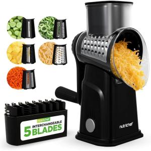imageNutriChef 5 in 1 Cheese Grater ampamp Shredder  5 Different Blades for Thin Thick Julienne Strips Wavy ampamp Straight Strips  Includes Hand Crank Strong Suction Base ampamp Storage Container  Black