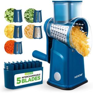 imageNutriChef 5 in 1 Cheese Grater ampamp Shredder  5 Different Blades for Thin Thick Julienne Strips Wavy ampamp Straight Strips  Includes Hand Crank Strong Suction Base ampamp Storage Container  Blue
