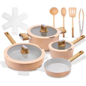 imageNutriChef Ceramic Cookware Set with Cooking Utensils  14Piece Nonstick Cookware Set with Glass Lids Compatible with All Cooktops HeatResistant Handles and Stylish Finish PinkPink