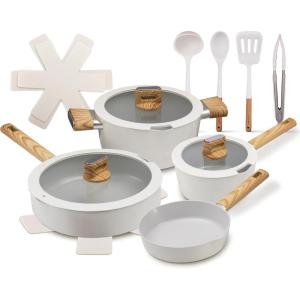 imageNutriChef Ceramic Cookware Set with Cooking Utensils  14Piece Nonstick Cookware Set with Glass Lids Compatible with All Cooktops HeatResistant Handles and Stylish Finish PinkBeige