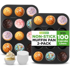 imageNutriChef NonStick 2Piece 12 Cup Muffin Pans with 100 Parchment Cupcake Liners Carbon Steel Professional Grade Muffin Pans for Baking Durable ampamp Dishwasher Safe 137quotx104quotx11quot Inch Black