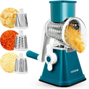 imageNutrichef 3 in 1 Cheese Grater ampamp Shredder  Strong Suction Base Rotary Handle with Safety Lock  Includes Hand Crank ampamp 3 Drum Blades for 3 Textures Fine Medium ampamp Strips  Green