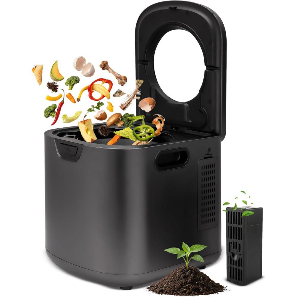 imageNutriChef 4 Quart Electric Kitchen Composter  Smart Countertop Composter Includes 2 Odorless Carbon Filters  Electric Compost Bin for Indoor Use  3 Volume Based Modes Small Medium ampamp Large  Gray