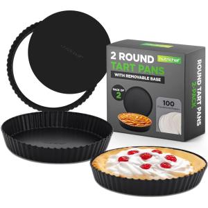 image:imageNutriChef 2 Round Tart Pans 9 Inch Carbon Steel Tart Baking Trays with Removable Base Nonstick amp Even Heat Distribution Includes 100 Parchment Papers Height of 1 Inch Black